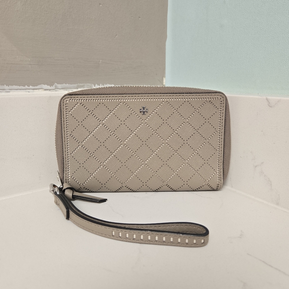 Tory Burch Perforated Quilted Wristlet Wallet in Taupe